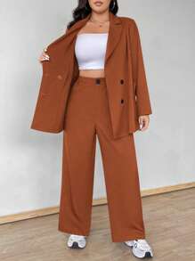 Flirla Conjunto de 2 piezas de blazer con botones y pantalones de talla grande - Óxido marrón - Ver 6
