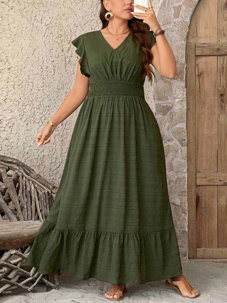 shein graduation dresses plus size Luneh Green Plus Size Maxi Dress Wedding Guest Semi Formal Dresses Textured Flowy Hem Flounce Sleeve V Neck High Waist Woven Fabric Casual Vacation