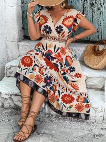 SHEIN VCAY Plus Size Women's Apricot Floral Print V-Neck Dress, Waisted Sleeveless A-Line Dress, Mother's Day Dress, Summer Outfits For Women, Beach, Summer Clothes For Women, Bohemian Women's Clothing, Sundress Summer Boho Women's Clothing Brunch Outfits For Women Airport Outfit For Women Beach Vacation Outfits City Break Outfits Holiday Outfits - Apricot - View 5