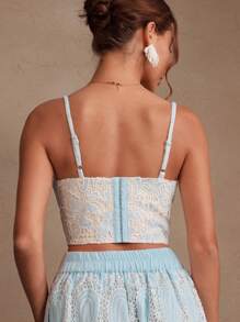 Savoree Women's Elegant Light Blue Hollow Floral Embroidery Spaghetti Strap Sleeveless Crop Top, Suitable For Summer, Holiday, Casual, Festival, Going Out, Vacation