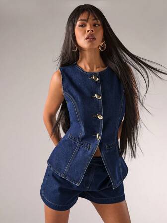 SHEIN BAE 女士休闲无袖前扣牛仔上衣，夏季