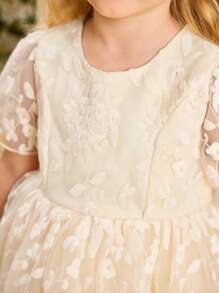 SHEIN Glamorique Kids 女孩花卉网纱蛋糕设计礼服，化装派对礼服，四季皆宜 - 杏色 - 查看 5