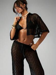 MISSGUIDED Set a due pezzi all'uncinetto da spiaggia e resort, con pantaloni a gamba larga e camicia con bottoni, abbigliamento da spiaggia, copertura costume da bagno, per piscina, festival, vacanze