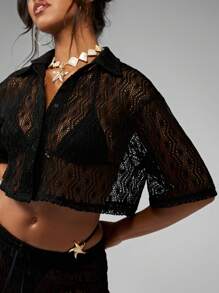 MISSGUIDED Set a due pezzi all'uncinetto da spiaggia e resort, con pantaloni a gamba larga e camicia con bottoni, abbigliamento da spiaggia, copertura costume da bagno, per piscina, festival, vacanze