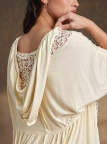 WESTFADE Western Cowgirl Knit Jersey Mixed Cheetah Print & Solid V Neck Button Front Short Dolman Sleeve Ruffle Peplum Hooded Top Spring Break Summer Beach Vacation - Multicolor - View 4