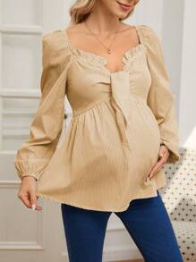 SHEIN Maternity Frill Trim Knot Front Striped Long Sleeve Shirt - Khaki - View 3