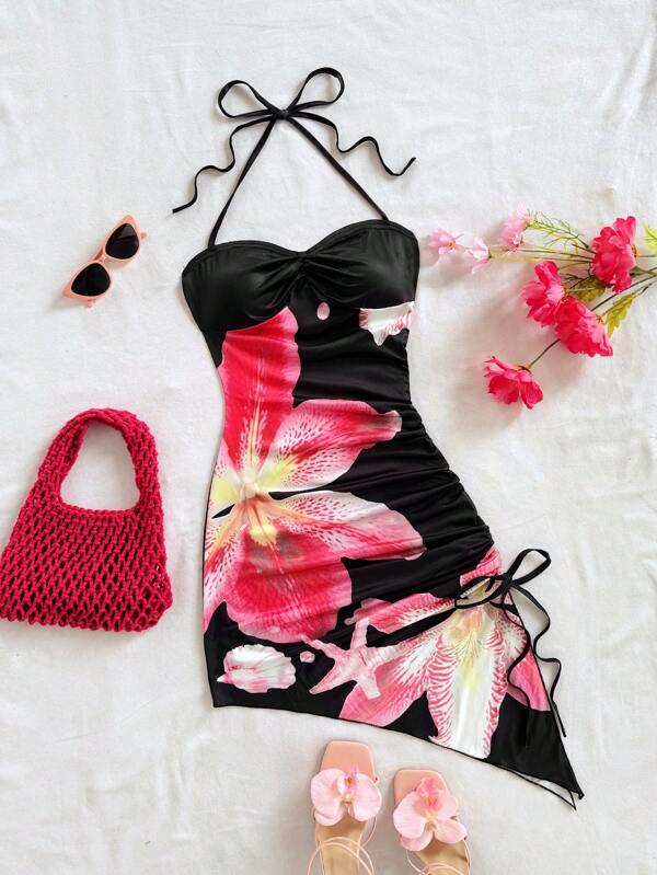Soleia Floral Print Halter Tie Front Ruched Casual Dress, Minimalist Fashion Suitable For Summer,Vacation Outfits Women