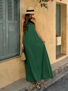 LanaWest Gaun Mini Wanita Tanpa Tali dengan Bahan Tenun dan Warna Kontras - Dark Green - View 3