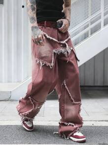 Manfinity EMRG Men's Burgundy Denim Long Jeans With Zipper Details And Distressed Frayed Design - Burgundy - View 8