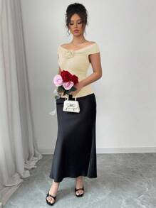 Elenzga Valentine's Day Romantic Red Rose Ruched Fitted Off Shoulder T-Shirt - Apricot - View 6