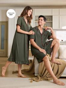 Contrast Color Collar & Cuff Open Front Single Pocket Men's Pajama Set - Olive Green - View 4