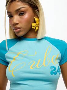 SUMWON WOMEN Áo thun ngắn tay họa tiết caribbean Y2k phong cách bóng chày Raglan cho bé mùa hè - Màu xanh lam - Xem 7