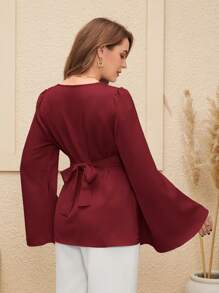 SHEIN Elegant Solid Color Maternity Tie-Back Flare Sleeve Shirt
