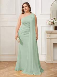 SHEIN Belle Plus Size Chiffon Asymmetrical Neck Bridesmaid Dress With Sequins Decor And Waist Ruched, Party Dress, Wedding Guest Dress, Formal Dress, Evening Dress, Gown