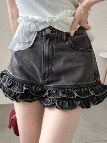 FRIFUL Quần short denim nữ dáng suông, có bèo nhún, thích hợp mặc mùa hè, quần short nữ cỡ lớn, quần áo nữ mùa hè, bộ quần short nữ, quần áo đi học. - Xám - Xem 1