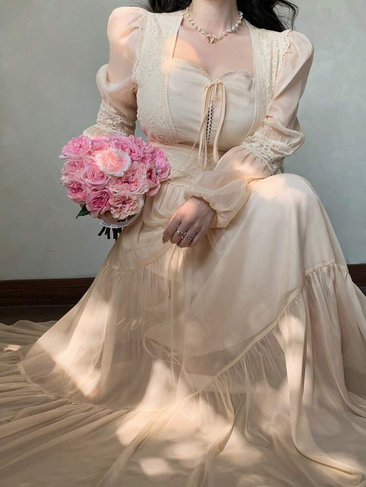 Women's Square Collar Lace Patchwork Vintage Dress, French Retro Palace Style Fitted Waist Elegant Dress, Spring & Fall Elegant, Ruffle Women Dresses Birthday Women White Dress Women Clothes Women Casual Dress Women Birthday Long Sleeve Dress