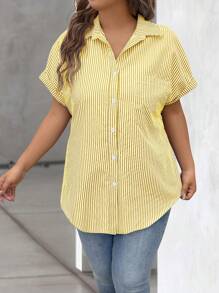 Vionelle Plus Size Summer Casual Striped Front Button Bat-Wing Sleeve Shirt - Yellow - View 5