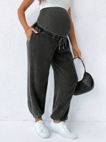 SHEIN Casual Cropped Maternity Pants For Everyday Comfort: Semi-Sheer Knitted Fabric With Adjustable Waistband And Drawstring - White - View 6