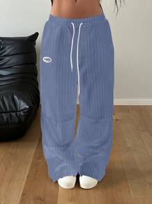 StreetHx 女士街头时尚条纹抽绳腰部宽松黑白长裤 - 藍白色 - 查看 3