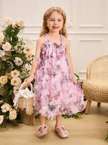 SHEIN Glamorique Kids Young Girl' Ruffled Floral Print Strap Layered Dress, Spring/Summer - Baby Pink - View 4