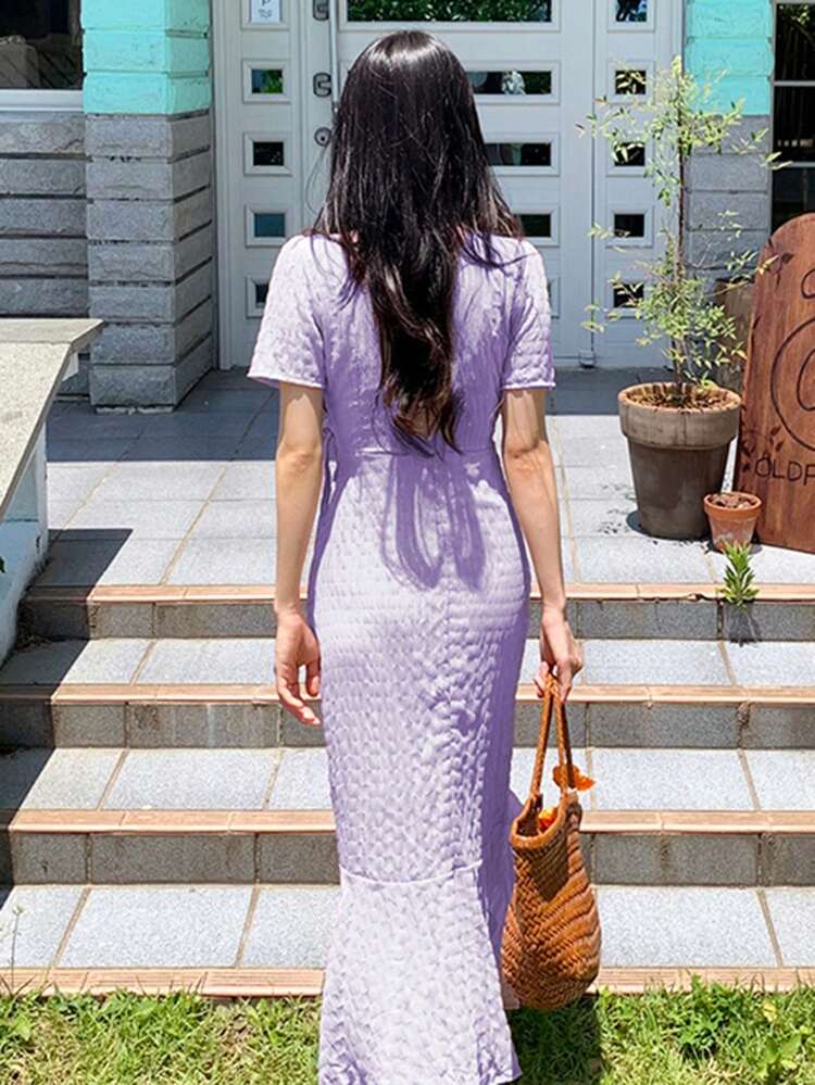 Women's Plain Textured Fabric Bubble Sleeves Asymmetric Hem Midi Dress With Patchwork & Ruffle Trim,Casual Women Dresses