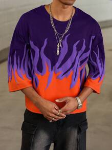 PAVTROS 男士火焰印花圆领休闲宽松短袖 T 恤 - 紫色 - 查看 4