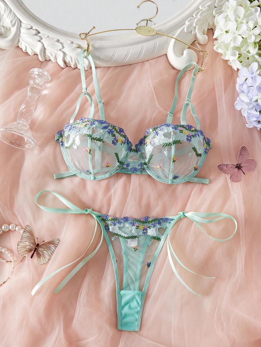 SHEIN 2件套女士蕾丝刺绣性感无钢圈文胸套装,适合外出穿着 - 彩色 - 查看 1