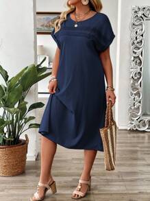 EMERY ROSE 1 pièce Robe pull ample d'été avec encolure ronde, épaules tombantes, contraste de dentelle, grande taille