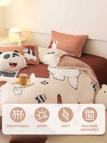 We Bare Bears X SHEIN 3pc Cartoon Bear Pattern Cute Brown Bedding Set,Suitable For Single Bed/Double Bed/Queen Bed/King Bed, Dormitory/Home - Brown - View 8