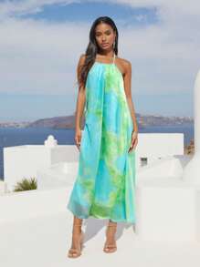 BY FELIZIA 蓝绿色夏季雪纺印花串珠露背性感长裙海边度假派对连衣裙 - 彩色 - 查看 8