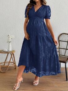 SHEIN 孕妇 V 领褶皱胸围孕妇装（带蛋糕裙） - 藏蓝色 - 查看 1