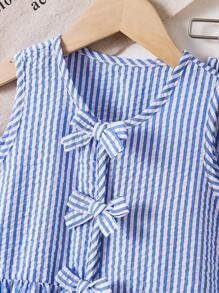 SHEIN Bộ 2 món/bộ áo sơ mi không tay và quần dài kẻ sọc trang trí nơ cho bé gái - Màu xanh lam - Xem 8