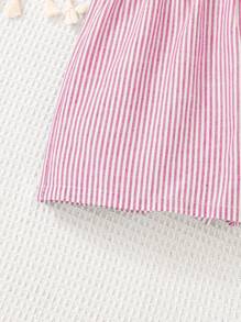 青少年女孩编织条纹印花纽扣装饰宽松休闲短裤，休闲与运动 - 玫紅色 - 查看 5