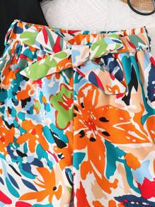 SHEIN Young Girl Solid Tee & Print Belted Wide Leg Pants Leopard Print Pantscheetah Print Pantscasual Two Pieces Set - Green - View 6