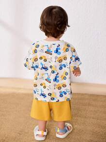 Cozy Pixies 2pcs Baby Boy Cartoon Car Pattern Knit Soft Round Neck Short Sleeve Top With Elastic Waist Shorts Set - Multicolor - View 2