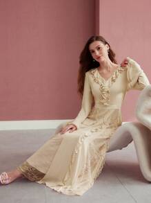MOTF PREMIUM CONTRAST LACE RUFFLE DRESS - Apricot - View 3