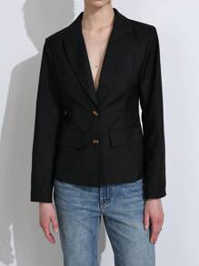 Lumivelle 女士时尚收腰翻领长袖办公夹克 - 黑色 - 查看 5