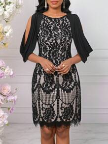 SHEIN Lady Váy dự tiệc cưới ren hoa tay xẻ tà cho nữ Váy cổ tròn kỷ niệm ngày cưới Trang phục mùa hè thanh lịch, kín đáo cho nữ Trang phục hòa nhạc Váy kín đáo cho nữ Trang phục nghỉ mát thanh lịch Váy đi nhà thờ thường ngày cho nữ - màu đen - Xem 3