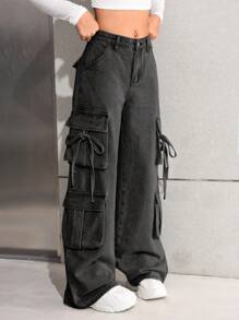 SHEIN Teen Girls Grey Denim Long Cargo Jeans With Zipper And Drawstring Detail - Grey - View 7