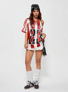 Coolane Women's Summer Y2K Blockcore Sportswear Game Day Striped Number Pattern Off Shoulder Raglan Sleeve V-Neck Jersey T-Shirt,Rave Top
