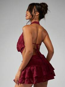 MISSGUIDED Top corto de halter de gasa de devore con cuello de capucha, detalle de volantes, sin mangas, para fiestas, clubes, festivales, eventos de verano y primavera, baile - Burdeos - Ver 2