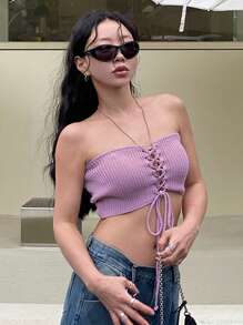 DAZY Women Lace-Up Knitted Tube Top Crop Top - Purple - View 7