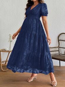 SHEIN 孕妇 V 领褶皱胸围孕妇装（带蛋糕裙） - 藏蓝色 - 查看 4