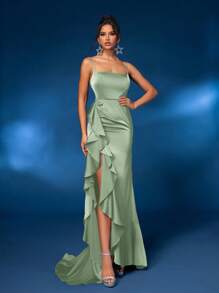 Glamrae 优雅弹力缎面细肩带方形领口垫胸高腰修身美人鱼下摆不对称高开衩荷叶边修身长裙适合约会、单人旅行、派对、毕业典礼、婚礼、活动、正式晚宴、婚礼宾客礼服、晚礼服、礼服 - 薄荷綠 - 查看 6