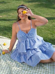 SHEIN MOD Plus Size Blue Plaid Twist Camisole & Flare Skirt Set, Casual Beach Holiday Outfit For Girls - Blue and White - View 4