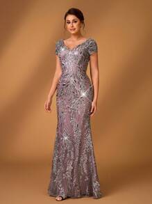 Serin Elegante vestido mini ajustado con cola de pez, manga abullonada, cuello en V, contraste gris y rosa, bordado de malla con cuentas, perfecto para cena formal, fiesta, cita, vacaciones, boda, vestido de madre de la novia