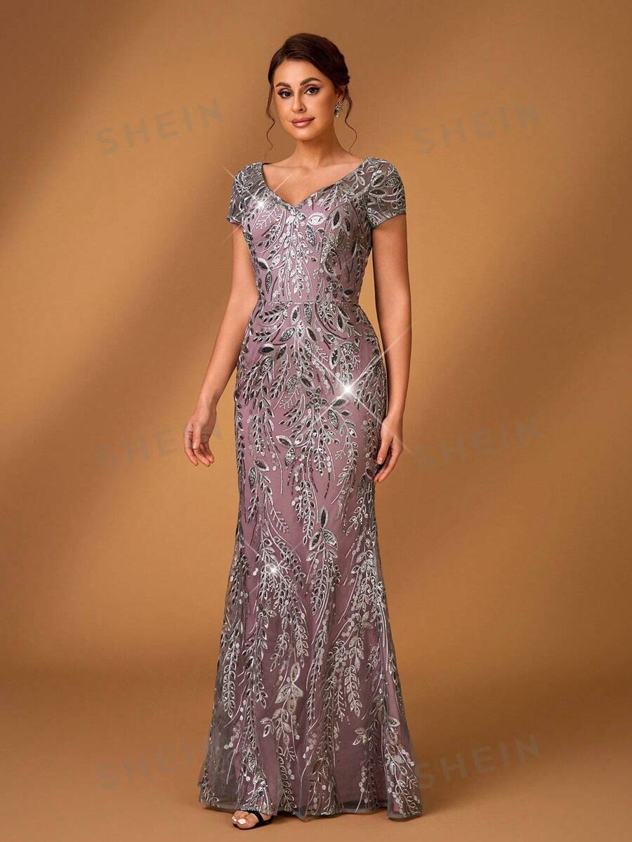 Serin Elegante vestido mini ajustado con cola de pez, manga abullonada, cuello en V, contraste gris y rosa, bordado de malla con cuentas, perfecto para cena formal, fiesta, cita, vacaciones, boda, vestido de madre de la novia
