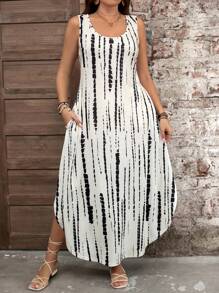 SHEIN LUNE Vestido longo estampado em cores contrastantes casual plus size para férias