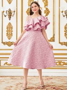 SHEIN Teen Girls Elegant Ruffled Asymmetrical Midi Dress - Pink - View 5