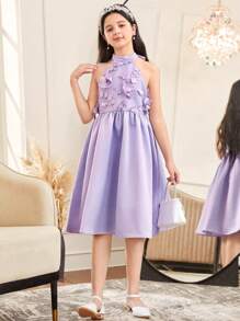 SHEIN 少女花卉贴花立领无袖优雅连衣裙 - 淡紫色 - 查看 6